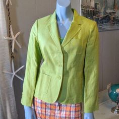 Talbot's Chartreuse Irish Linen Blazer - 4 Awesome New Blazer. I Hope Someone Awesome Buys This, It's Sweet But It Is Slightly Too Big For Me Green Fitted Casual Blazer, Fitted Yellow Outerwear For Summer, Fitted Yellow Summer Outerwear, Fitted Yellow Blazer For Spring, Yellow Fitted Blazer With Pockets, Fitted Yellow Blazer With Pockets, Irish Linen, Linen Blazer, Colored Blazer