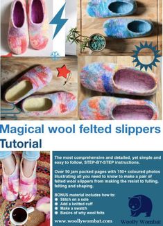 the instructions for how to make felt slippers with wool and yarn, are shown in this