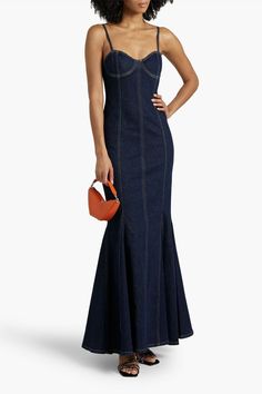 ALICE + OLIVIA JEANS Natacha Godet fluted denim maxi dress | THE OUTNET Fitted Denim Blue Maxi Dress, Luxury Blue Denim Dress, Luxury Blue Midi Denim Dress, Luxury Dark Wash Denim Dress, Miss Sixty Denim Dress, Alexander Mcqueen Wallet, Denim Maxi Dress, Dress Denim, Occasion Wear Dresses