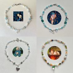 four different necklaces with pictures on them