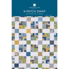 the 9 patch swatp quilt pattern is shown in blue, green and yellow colors