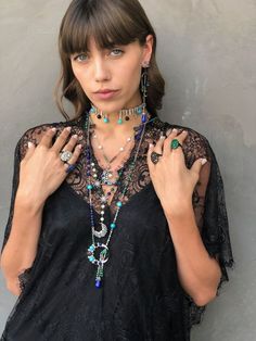 model wearing colette jewelry Rose Gold Jewelry, Pretty Jewellery, Turquoise Necklace, Hair Wrap, Gold Jewelry, Statement Necklace