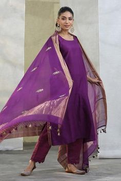 Shop for Weaver Story Purple Cotton Chanderi Silk Kurta Pant Set for Women Online at Aza Fashions Embroidery On Organza, Silk Kurta Set, Embroidered Material, Zardosi Embroidery, Zardozi Embroidery, Kurta Pant Set, Silk Kurta, Ikat Design, Colour Purple