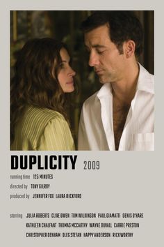 the movie duplicity is shown with two people looking at each other and smiling