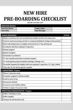 the new hire pre - boarding checklist is shown in black and white, as well as