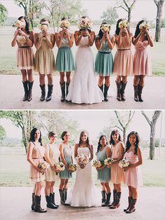 the bride and her bridal party are posing for pictures