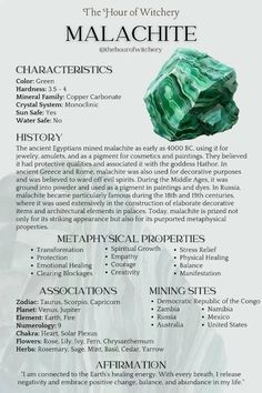 spiritual | crystals | malachite Malachite Crystal Properties, Malachite Crystal Meaning, Malachite Properties, Malachite Meaning, Crystal Meanings Charts, Crystal Malachite