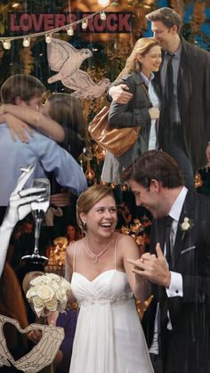 a collage of people in wedding attire and one woman holding a man's hand