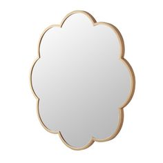 a white cloud shaped mirror with gold trim on a white background, it's reflection is in the center of the frame