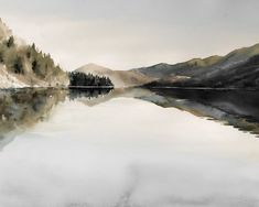 watercolor painting of mountains and trees reflecting in the still waters on a cloudy day