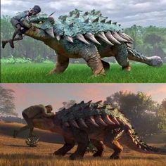 an image of two dinosaurs that are in the grass and one is carrying a man on his back