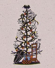 a drawing of a halloween tree with skulls and spider webs on it, in front of a white background