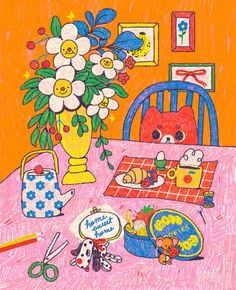 a child's drawing of a cat sitting at a table with flowers in a vase