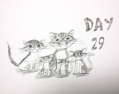 a drawing of three cats standing next to each other with the words happy 29 written above them