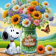 a snoopy dog sitting in front of a jar filled with daisies and sunflowers