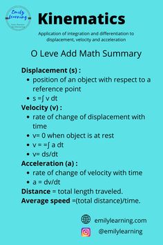 Summary Notes for Kinematics - O Level Add Math Integration And Differentiation, Additional Mathematics Notes, Kinematics Physics Notes, Mathematics Notes, Additional Mathematics, Add Math, Maths Syllabus, Summary Notes, Study Blog