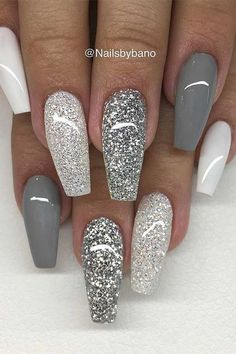 White Sparkly Nails, Silver Acrylic Nails, Grey Nails, White And Silver Nails, White Glitter Nails, Homecoming Nails Acrylic, Nails White, Acrylic Nails Coffin Short