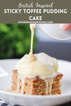 a piece of cake with icing being drizzled over it on a white plate