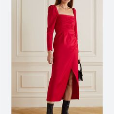 Nwt Reformation Isaac Dress In Cherry Size 12 Red Ruched Midi Dress For Formal Occasions, Formal Red Ruched Midi Dress, Ruched Midi-length Dress For Winter, Red Dress For Dinner In Winter, Red Dress For Winter Dinner, Red Midi Dress For Dinner In Fall, Reformation Clothing, Dress 2022, Lacey Dress