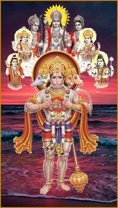 the hindu god with many avatars in his body and head, surrounded by other deities