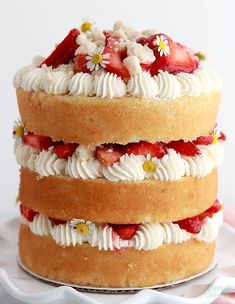 a three layer cake with strawberries and white frosting