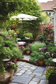 an outdoor patio with potted plants and umbrellas in the back yard, surrounded by flowers