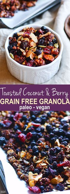 toasted coconut and berry granola in a white bowl