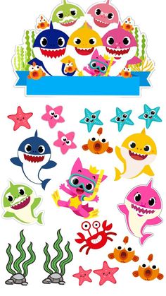 an assortment of cartoon shark stickers on a white background