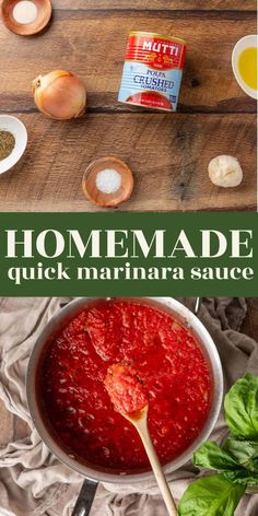 homemade quick marinara sauce in a pot with basil leaves and garlic on the side