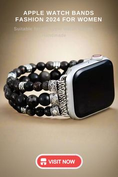 Elegant handmade Apple Watch band for women, featuring black gemstone beads with intricate silver details. This 2024 fashion piece is compatible with all Apple Watch series, adding a sophisticated, artisanal touch to your smartwatch. Trendy Silver Beaded Watch Band, Adjustable Silver Beaded Watch Accessories, Adjustable Black Beaded Apple Watch Band, Trendy Black Apple Watch Band With Bracelet Strap, Trendy Black Watch Band For Gift, Black Wearable Art Bracelet, Trendy Black Bracelet Strap Apple Watch Band, Elegant Black Apple Watch Band For Gift, Trendy Black Watch Bands As Gift