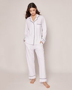 The quintessential, timeless pajama silhouette that always feels fresh: supple elastic waist, single piping detail at collar, breast pocket, and pajama pant cuff and practical pockets. As effortless and comfortable as luxury sleepwear gets. For thousands of years, Pima cotton has been considered royalty in the realm of textiles. This design features 100% yarn-dyed Peruvian Pima, meaning your cherished pieces will stay buttery and breathable, with a reduced risk of fading, pilling, or wrinkling. Luxury Pajamas, Luxury Sleepwear, Bedtime Ritual, White Pajamas, Pajama Pant, Jennifer Fisher, Cuffed Pants, Guinea Bissau, Pima Cotton