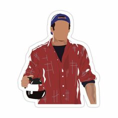 a sticker of a man holding a helmet in one hand and wearing a bandana on the other