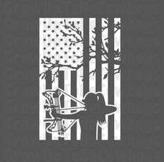 an american flag with the silhouette of a person holding a bow in front of it