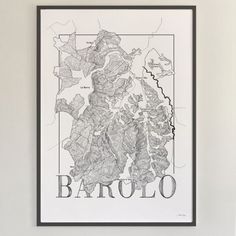 a black and white map of the city of barolo, new york is hanging on a wall