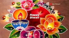 happy diwali with colorful flowers and candles