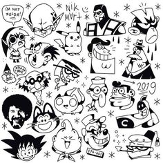 black and white drawing of cartoon characters