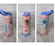 three different views of a baby shark water bottle with the lid open and an infant shark on it's side