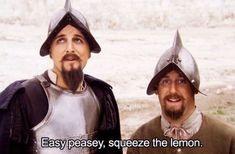 two men dressed in armor and helmets with the caption easy peasey squeeze the lemon