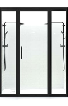 a black and white photo of a shower with glass doors on the outside, side by side