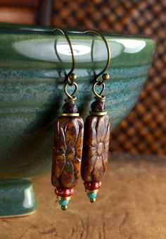 Bohemian Amber Jewelry With Czech Glass, Brown Czech Glass Bead Earrings, Handmade Amber Earrings In Czech Glass, Brown Czech Glass Beaded Drop Earrings, Amber Czech Glass Dangle Earrings, Beaded Jewelry Necklaces, Turquoise Boho, Yellow Ochre, Red Turquoise