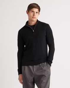 Our Mongolian Cashmere Quarter Zip Sweater is designed for ultimate comfort—cozy yet lightweight, ideal for layering. Featuring ribbed cuffs and a structured collar, it’s made from sustainably sourced cashmere that’s three times warmer than wool. We’ve upgraded our cashmere to be our softest yet, with an irresistibly smooth feel, a thicker, cozier texture, and enhanced durability that keeps it looking fresh season after season.  | Quince | Men's Mongolian Cashmere Quarter Zip Sweater in Black, S Casual Ribbed Merino Wool Outerwear, Casual Ribbed Cashmere Outerwear, Ribbed Sweater For Layering, Ribbed Cashmere Outerwear For Layering, Mens Cashmere, Fisherman Sweater, Quarter Zip Sweater, Quarter Zip Sweatshirt, Zip Sweater