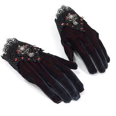 The gloves are a matching piece to the round bag. These two pieces create a wonderful due and complete themselves. Soft and shimmery, the front details feature lace and jewels that shine and make the gloves extraordinary. 
 
Material:Polyester 
Weight:0.07KG 
Size:One Size(Length:25CM/9.84", Width:15CM/5.91") 
Sku:GE018 Gothic Fabric, Velvet Gloves, Gothic Outfit, Strega Fashion, Elegant Gloves, Gothic Hairstyles, Evening Gloves, Style Gothic, Round Bag