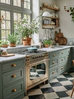 a kitchen with green cabinets and checkered flooring on the floor, potted plants in window sill