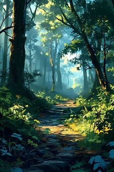 a painting of a path in the woods with sunlight coming through trees and leaves on both sides