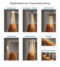 the stages of lighting in a room with stairs and lights on each step, which are different