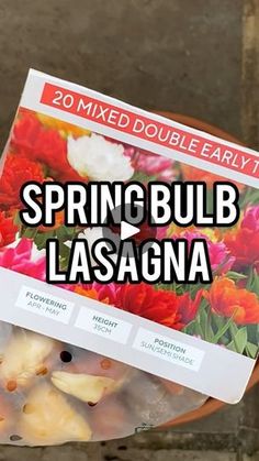 a person holding up a magazine with flowers on it and the words spring bulb lasagna