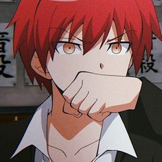 an anime character with red hair and white shirt looking at the camera while holding his hand to his mouth