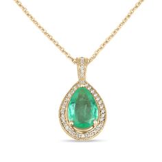 2.50tcw Colombian emerald & diamond halo gold necklace. This is a custom made emerald pendant crafted with pure 14K or 18K gold set with a natural emerald from Colombia and natural diamonds. Setting Style: Emerald Pendant Gold Pendant Weight: 4.2 Grams Gold Chain Weight: 4.5 Grams 16 Inches Setting Material: 18K, 14K White or Yellow Gold Main Stone: Colombian Emerald Grade Quality: AA+ Shape: Pear Cut / 10.0mm X 7.0mm Weight: Approx 2.20 Cts Total Stones: 1 Cut: Excellent Clarity: Translucent Hue: Medium Color: Bright Spring Green Luster: Excellent Treatment: Natural, Oiling Secondary Stone: Diamond Shape: Round Cut  Total Diamond Weight: 0.30pts Total Stones: 30 Cut: Excellent Clarity: VS Color: H Luster: Excellent Treatment: Natural Suggest Retail Price of $6,650.00 This masterpiece is m Fine Jewelry Emerald Pear-shaped Necklace, Pear-shaped Emerald And Diamond Necklace, Emerald Pear-shaped Necklace For Anniversary, Elegant Green Necklace With Pave Setting, Pear-shaped Emerald Necklace For Anniversary, Emerald Teardrop Pendant Fine Jewelry Necklace, Emerald Teardrop Pendant Necklace Fine Jewelry, Fine Jewelry Yellow Gold Pear-shaped Emerald Necklace, Fine Jewelry Emerald Teardrop Pendant Necklace