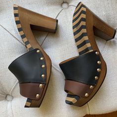 Beautiful New Platform Slides Modern Brown Heels With Contrasting Heel Counter, Designer Brown Heels With Wooden Heel, Designer Brown Heels With Leather Lining, Designer Black Heels With Wooden Heel, Fendi Slides, Fendi Sandals, Cutout Heels, Vintage Fendi, Denim Flowers