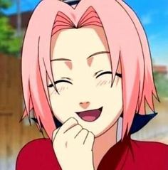 an anime character with pink hair smiling at the camera